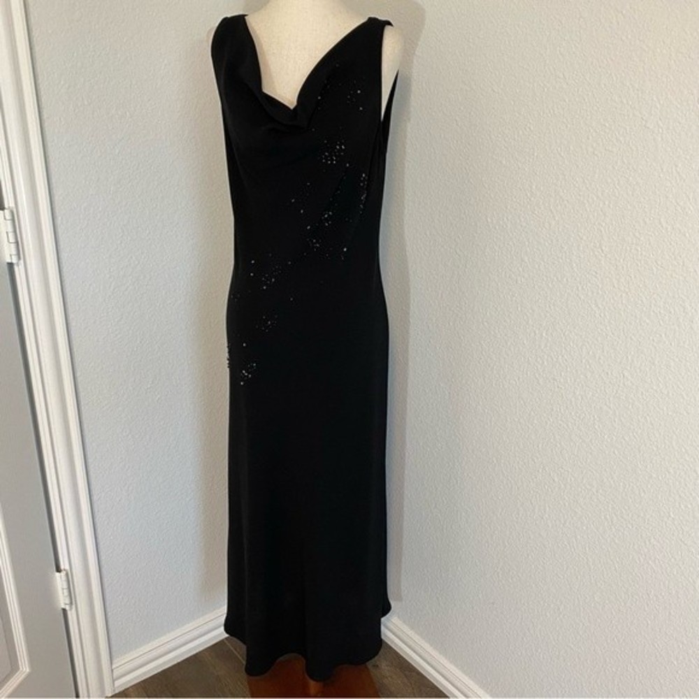 SL FASHIONS Metal Crystal Accents Black Maxi Dress Shift Style Cowl Neck Size 12